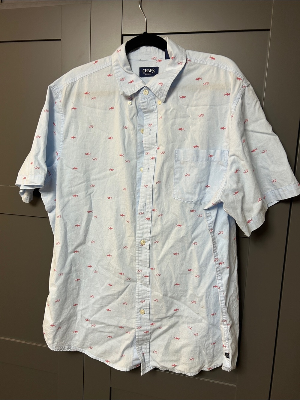 Chaps XL Light Blue Short-Sleeve Button-Down Shirt with Red Shark Print